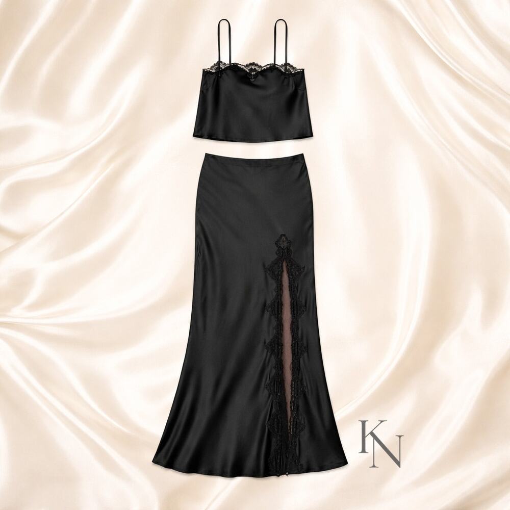 VS Black Satin Lace Trim 2-Piece Slip Set XXL Cami + Maxi Skirt High Slit